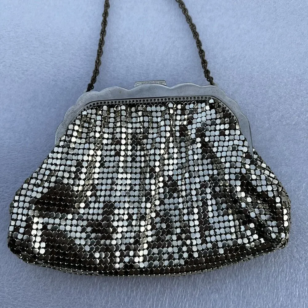 Vintage Mesh Whiting & Davis Co Silver Hand Bag Purse with Rhinestone Closure - Picture 6 of 11